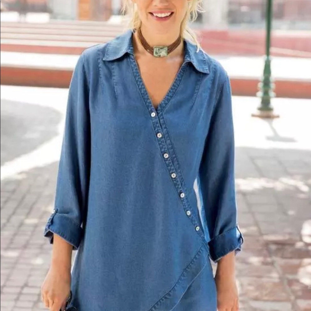 Soft Surroundings Chambray Button Down Wrap Tunic - image 2